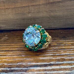 Vintage-Inspired Cocktail Ring – Large Blue & Green Stones – Adjustable Band